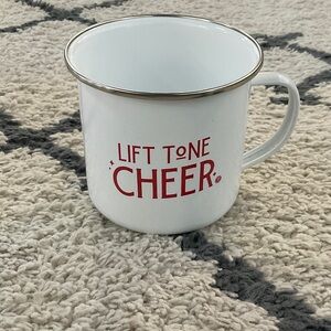 White Mug with Red 'Lift Tone Cheer' Pure Barre Print